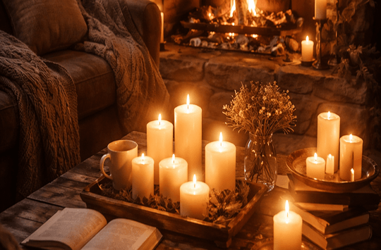Ruangan dengan lilin menyala di malam dingin