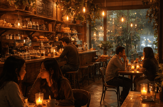 Kafe indoor yang hangat dan remang